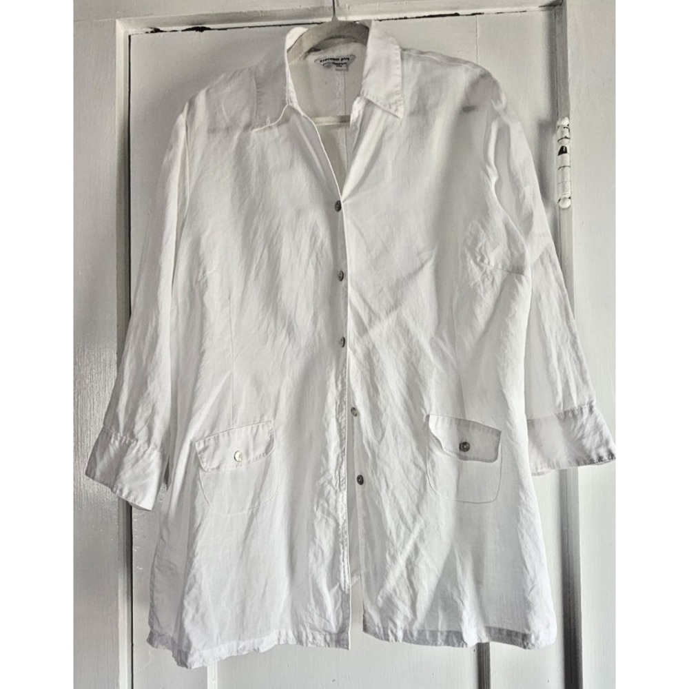 Appraisal‎ plus white 3/4 sleeves small pockets collared 100% Ramie button down